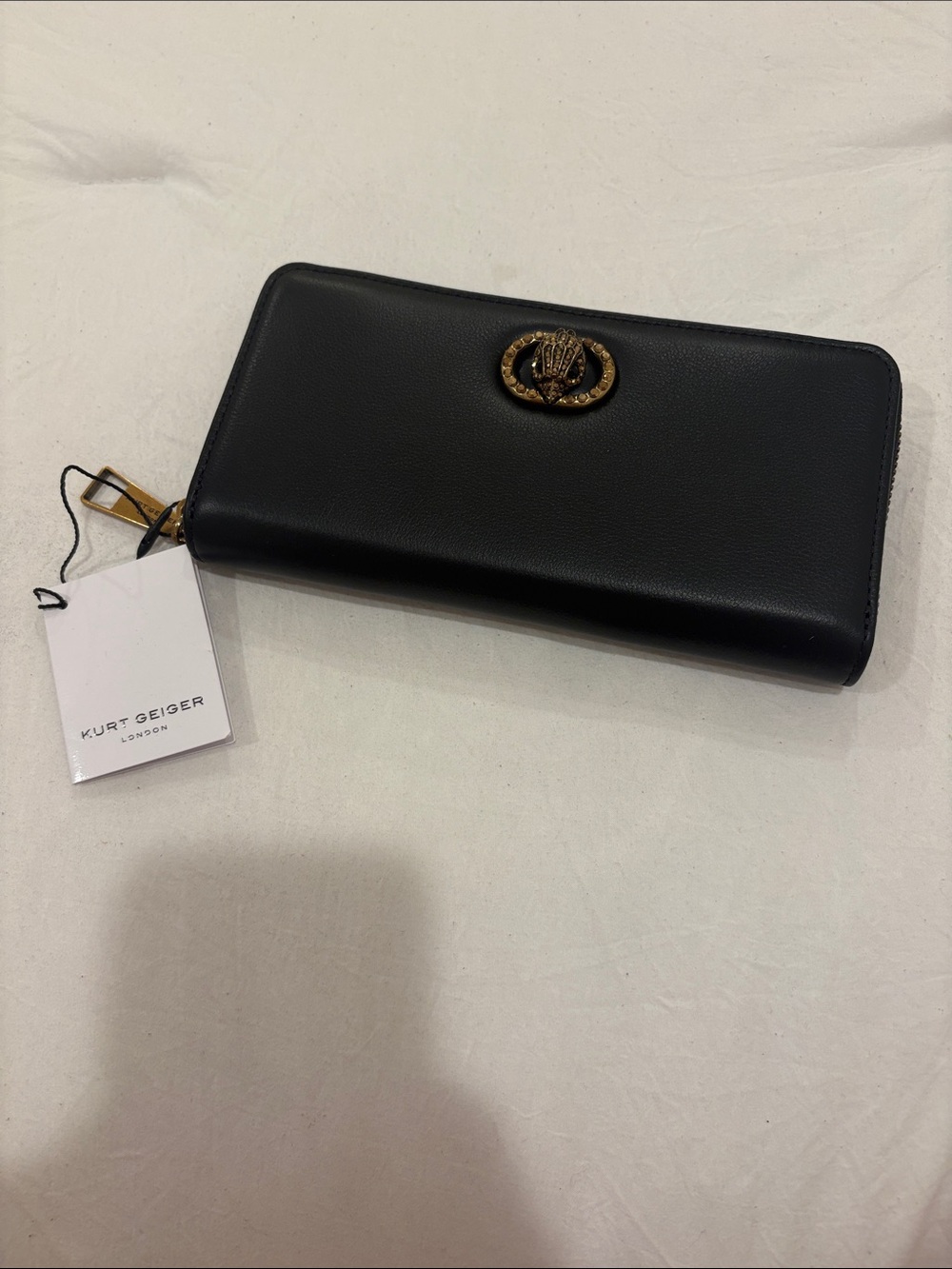 Kurt Geiger Black Leather Zip-Around Wallet with Gold Emblem